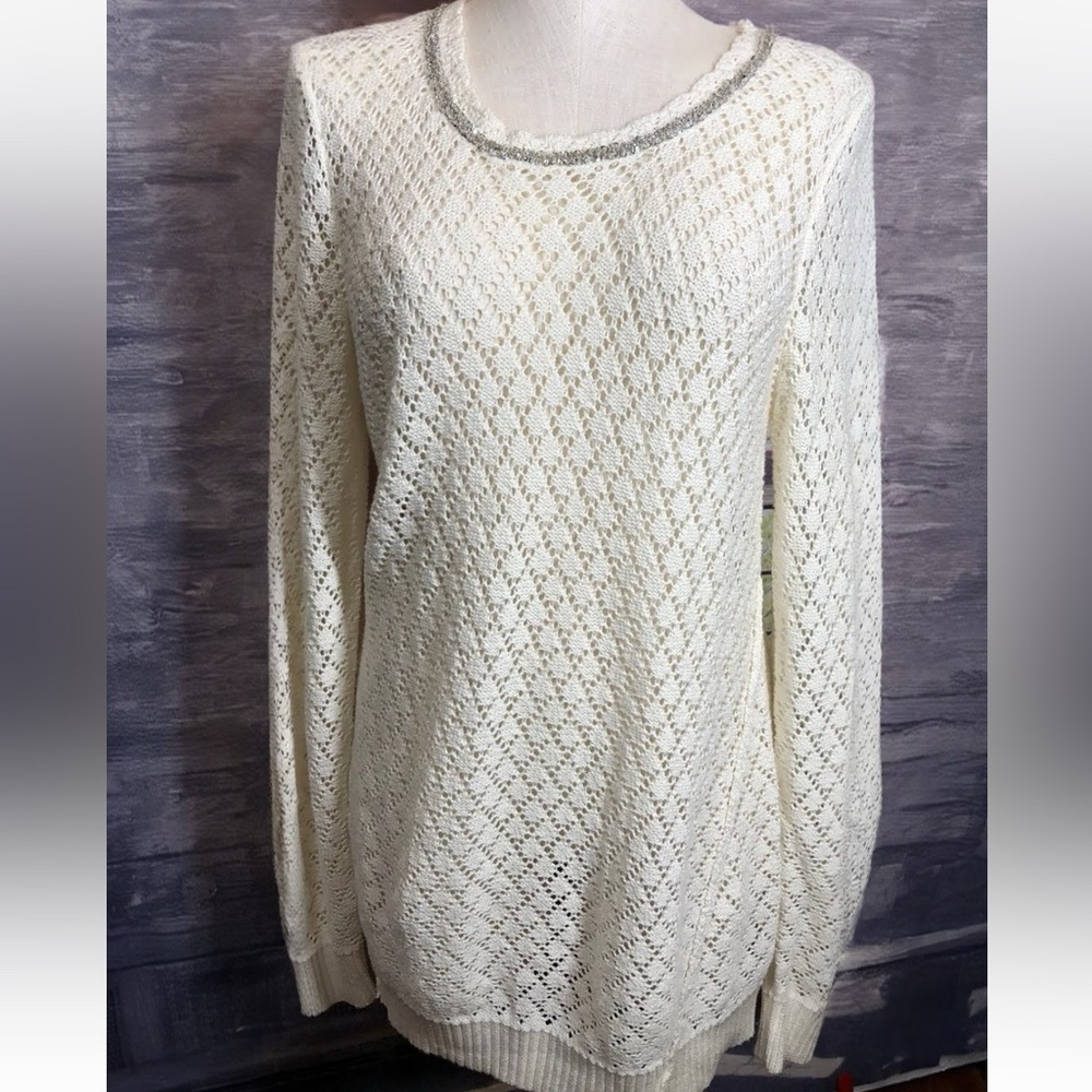 Womens Pointelle Sweater Open Weave Tunic Cream Metallic Rhinestone Neckline NEW
